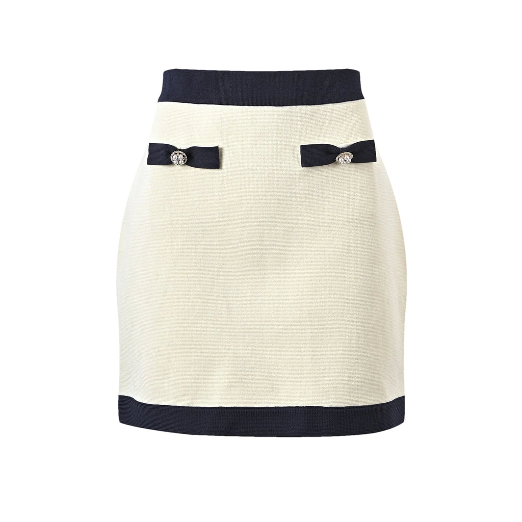 Zuri Cardigan & Skirt White Black Bow Knit Set