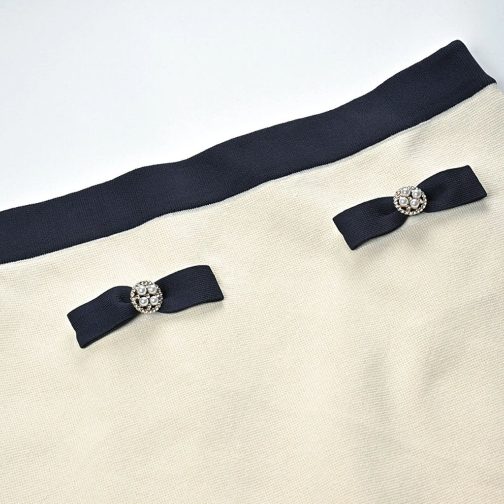 Zuri Cardigan & Skirt White Black Bow Knit Set