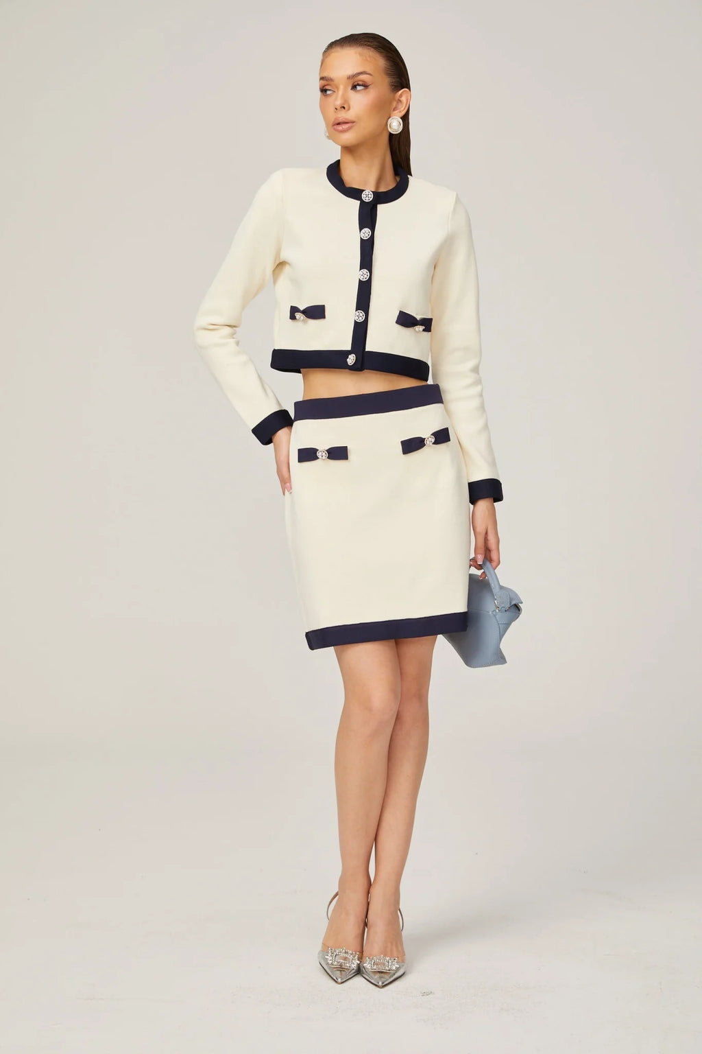 Zuri Cardigan & Skirt White Black Bow Knit Set