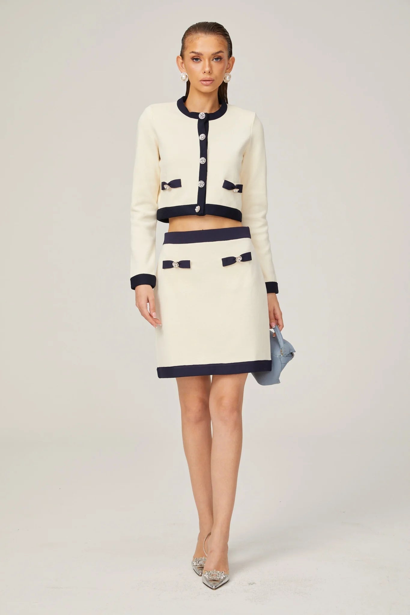 Zuri Cardigan & Skirt White Black Bow Knit Set