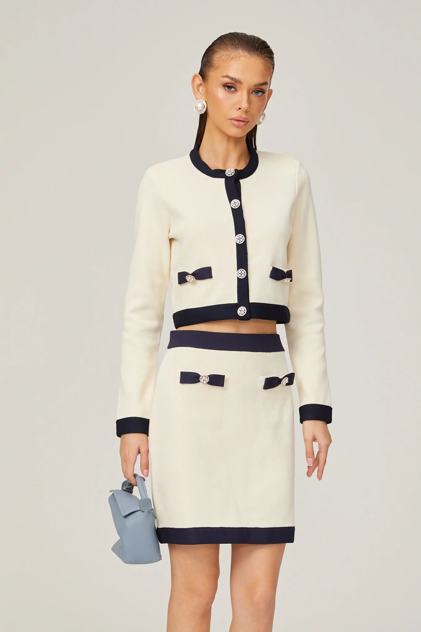 Zuri Cardigan & Skirt White Black Bow Knit Set