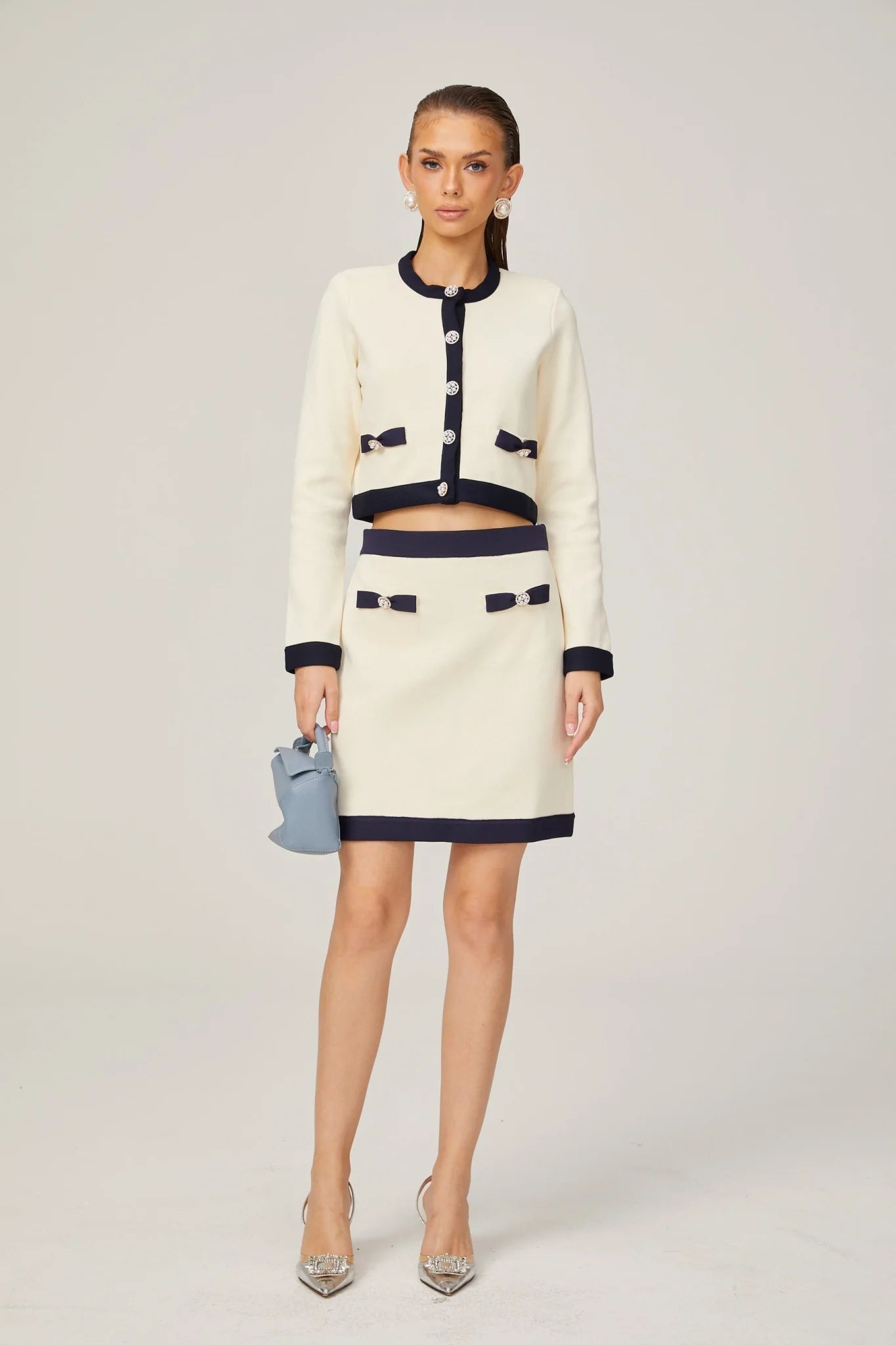 Zuri Cardigan & Skirt White Black Bow Knit Set