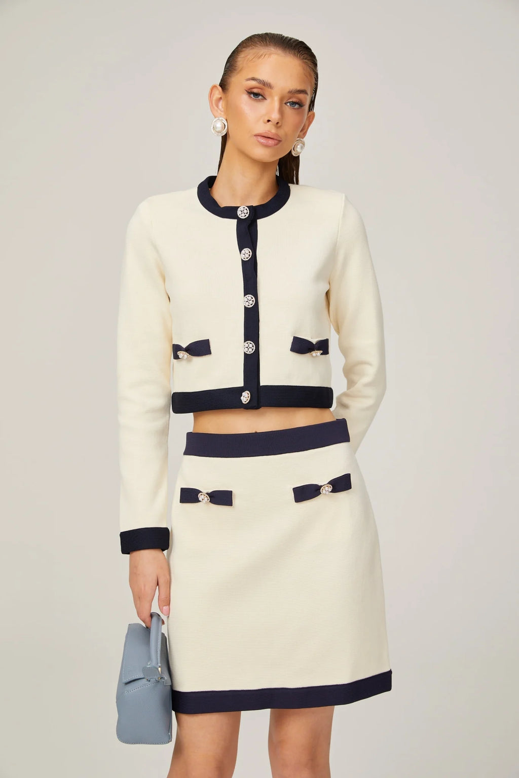Zuri Cardigan & Skirt White Black Bow Knit Set