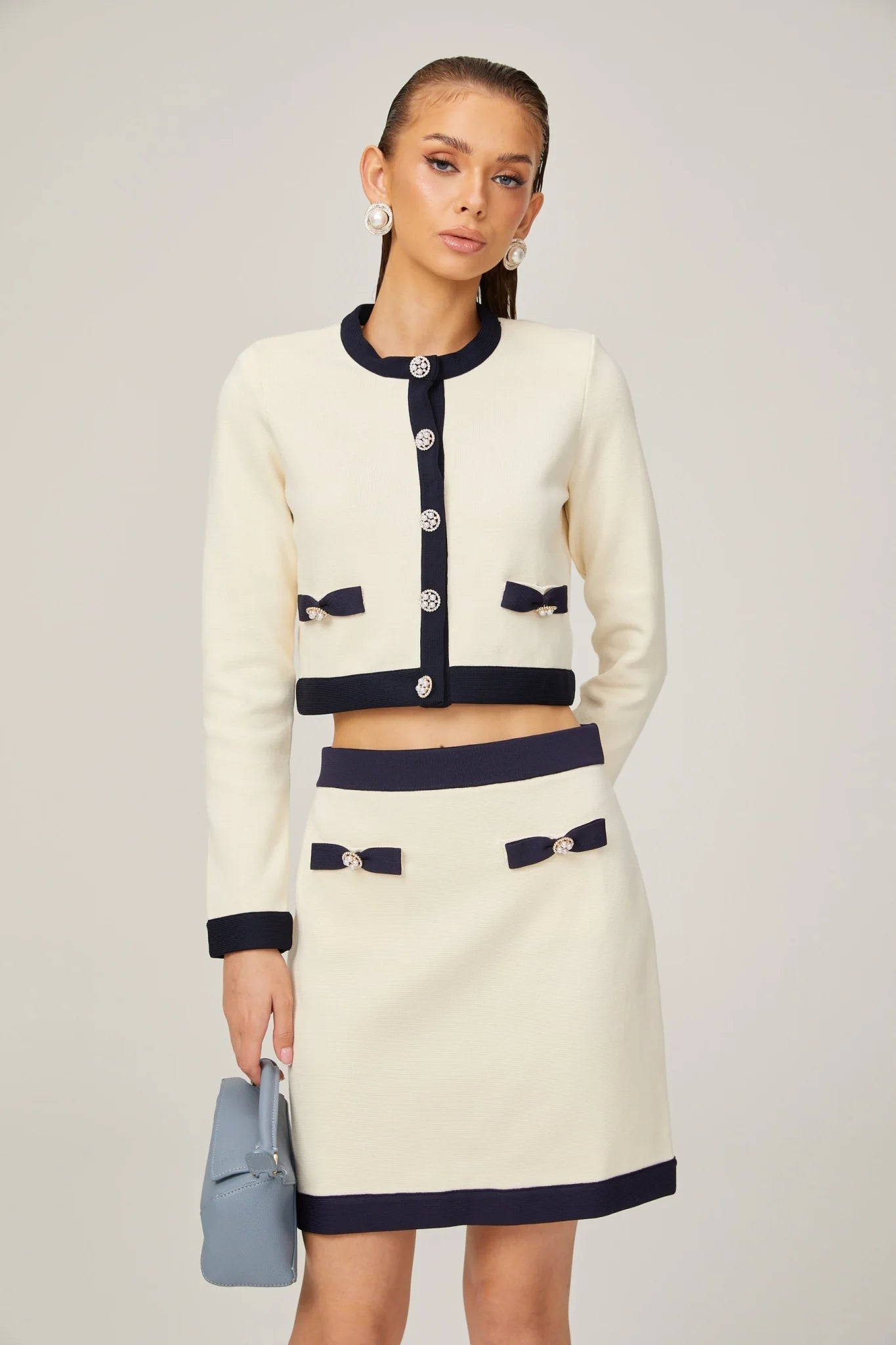 Zuri Cardigan & Skirt White Black Bow Knit Set