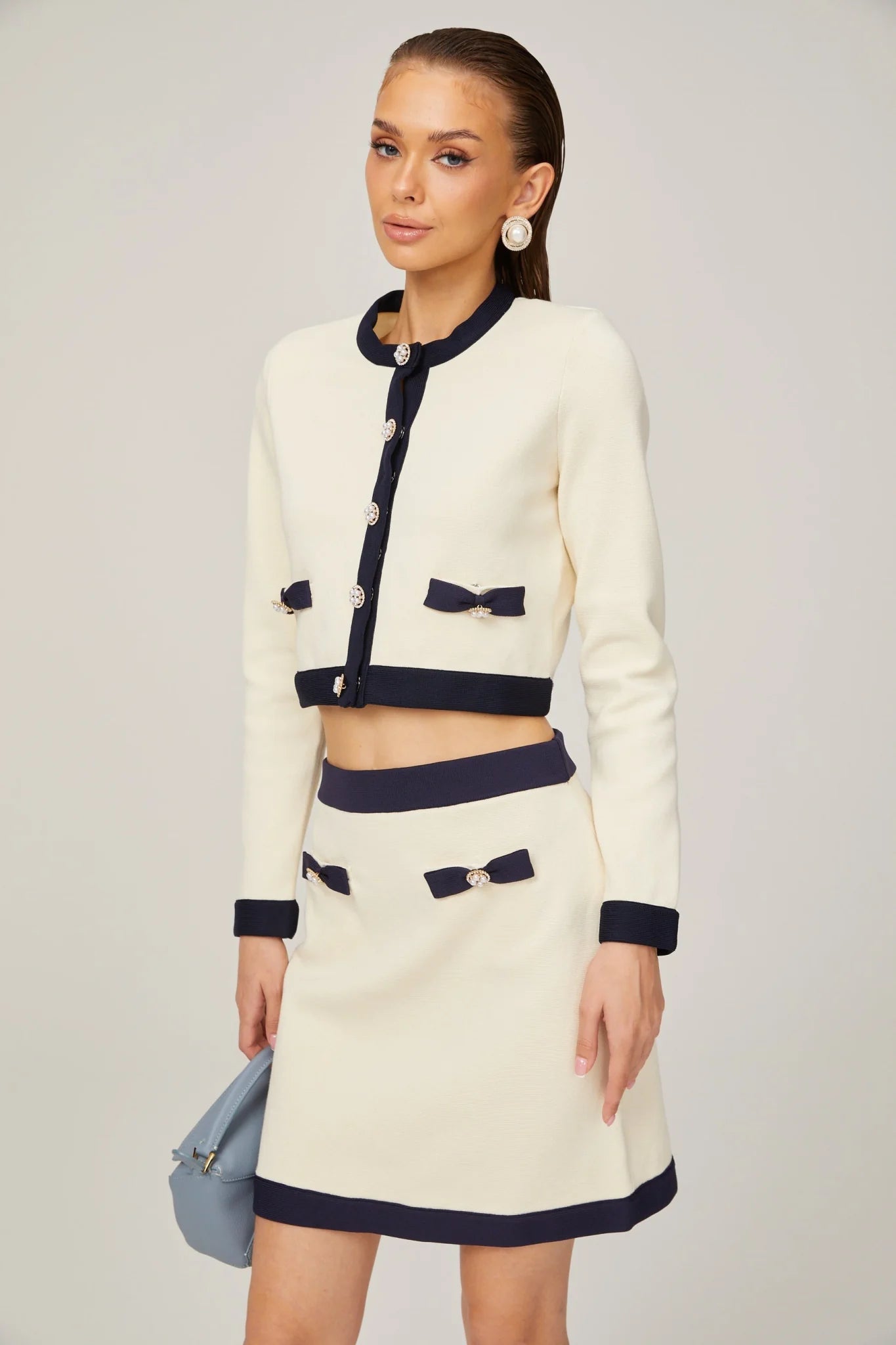 Zuri Cardigan & Skirt White Black Bow Knit Set