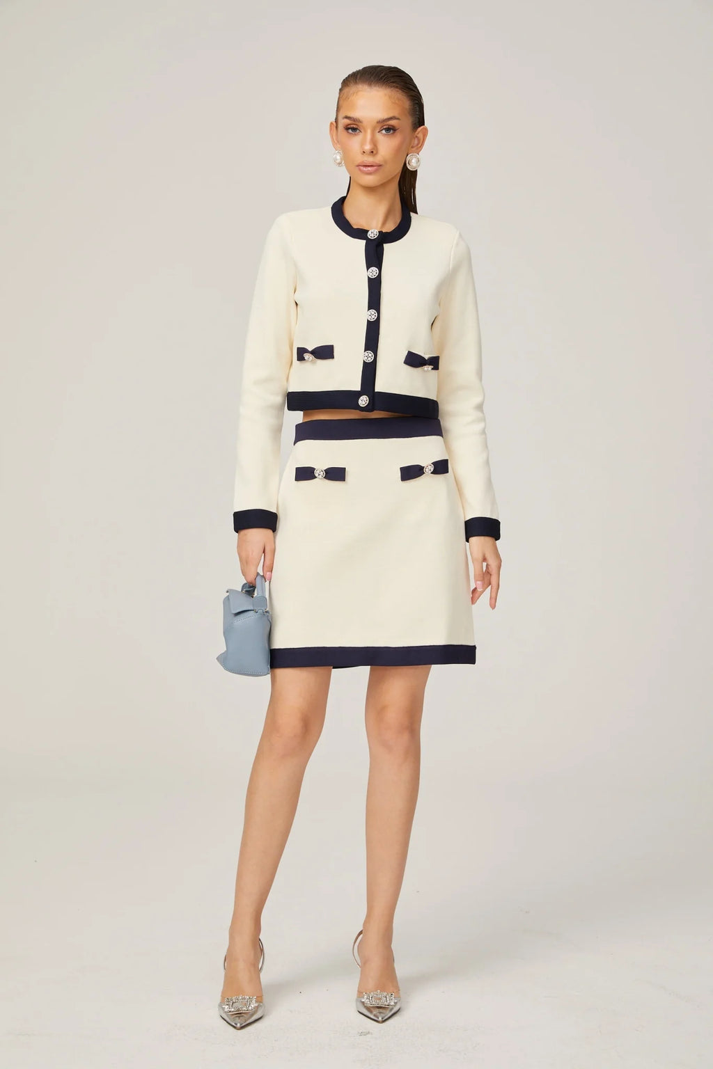 Zuri Cardigan & Skirt White Black Bow Knit Set