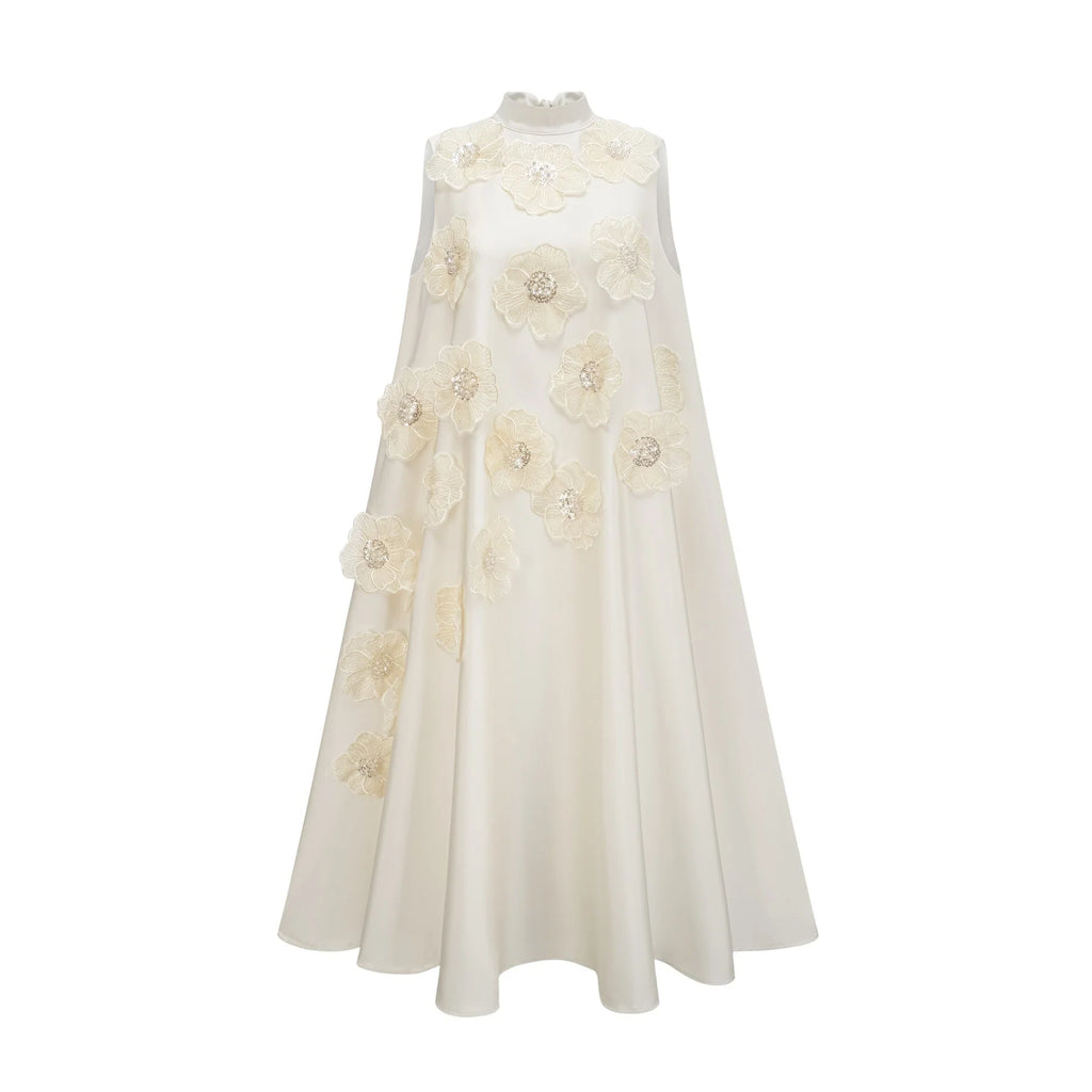 Zuri Floral Midi Dress Sleeveless Aline design with Beaded Appliqu in White