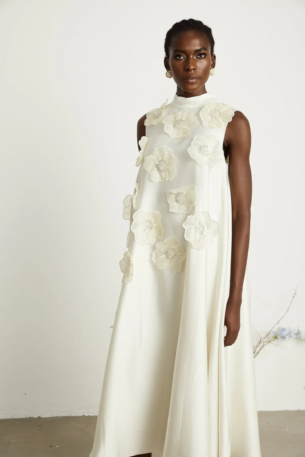 Zuri Floral Midi Dress Sleeveless Aline design with Beaded Appliqu in White