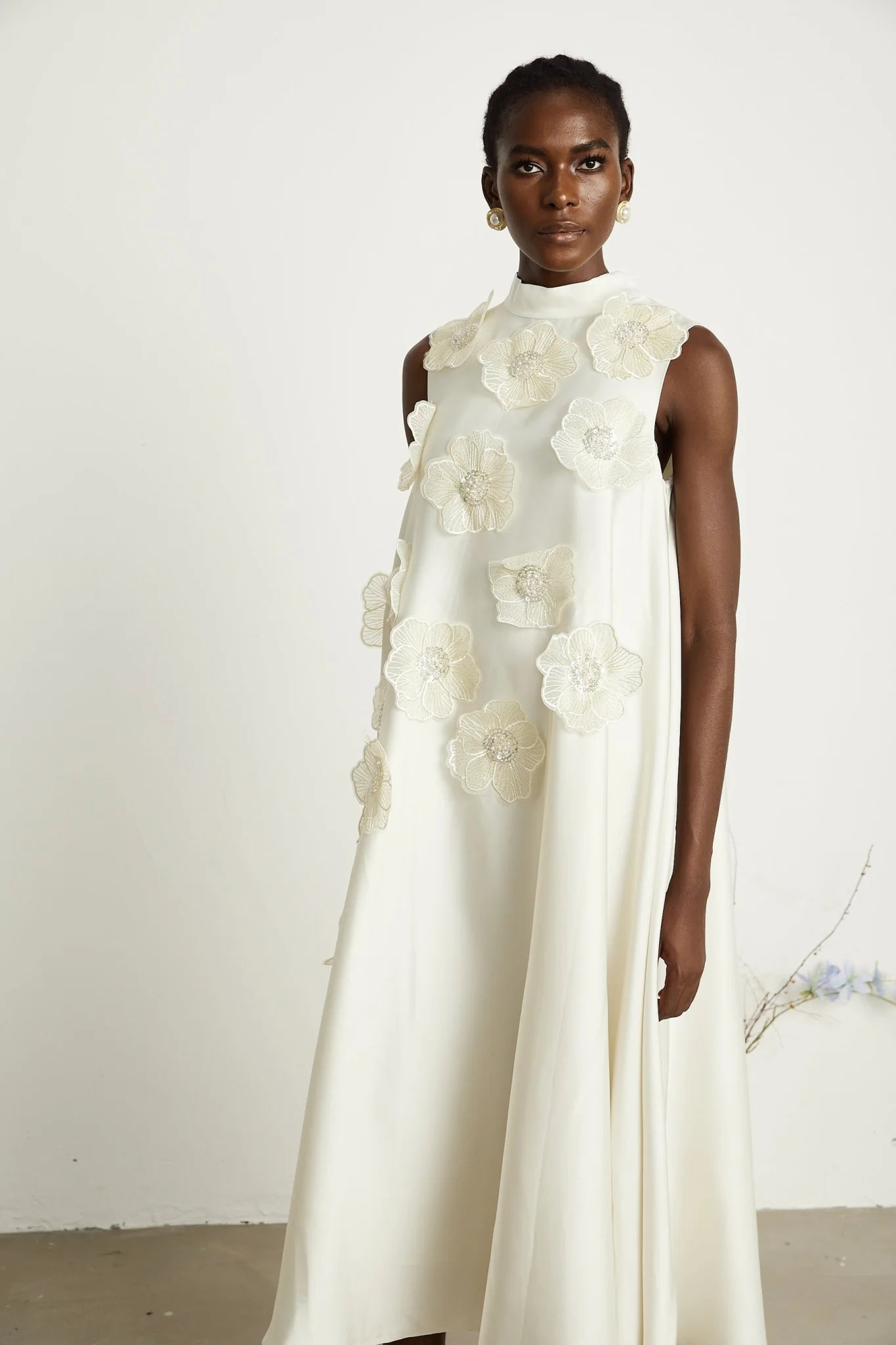 Zuri Floral Midi Dress Sleeveless Aline design with Beaded Appliqu in White