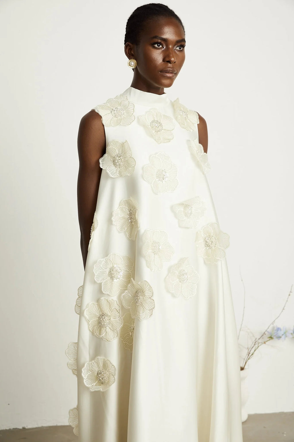 Zuri Floral Midi Dress Sleeveless Aline design with Beaded Appliqu in White