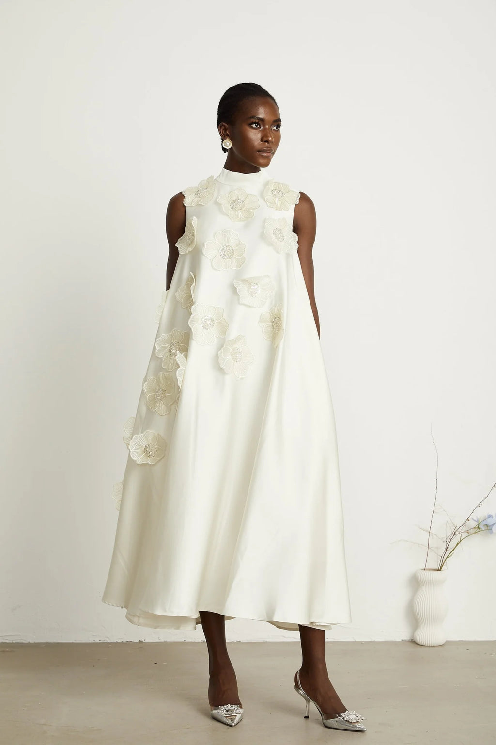 Zuri Floral Midi Dress Sleeveless Aline design with Beaded Appliqu in White