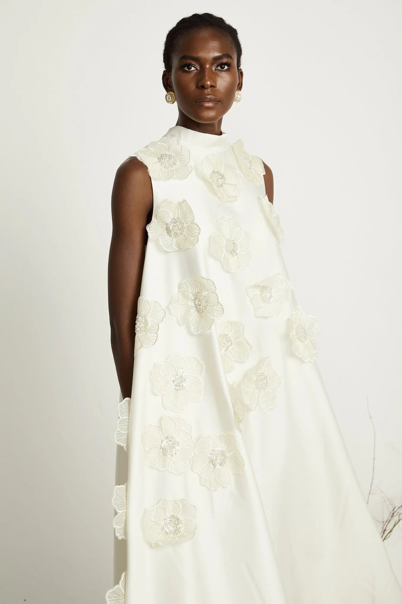 Zuri Floral Midi Dress Sleeveless Aline design with Beaded Appliqu in White