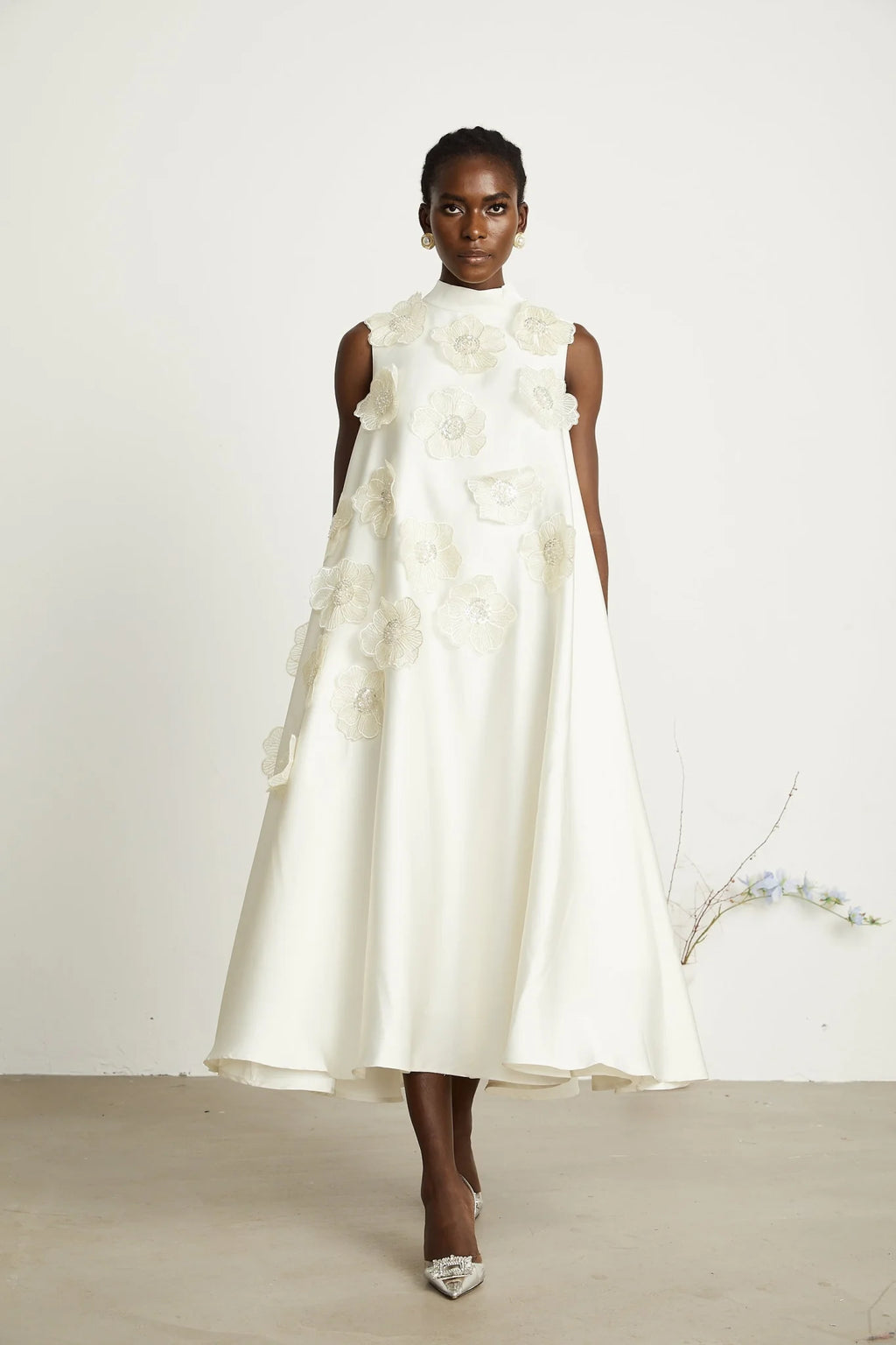 Zuri Floral Midi Dress Sleeveless Aline design with Beaded Appliqu in White