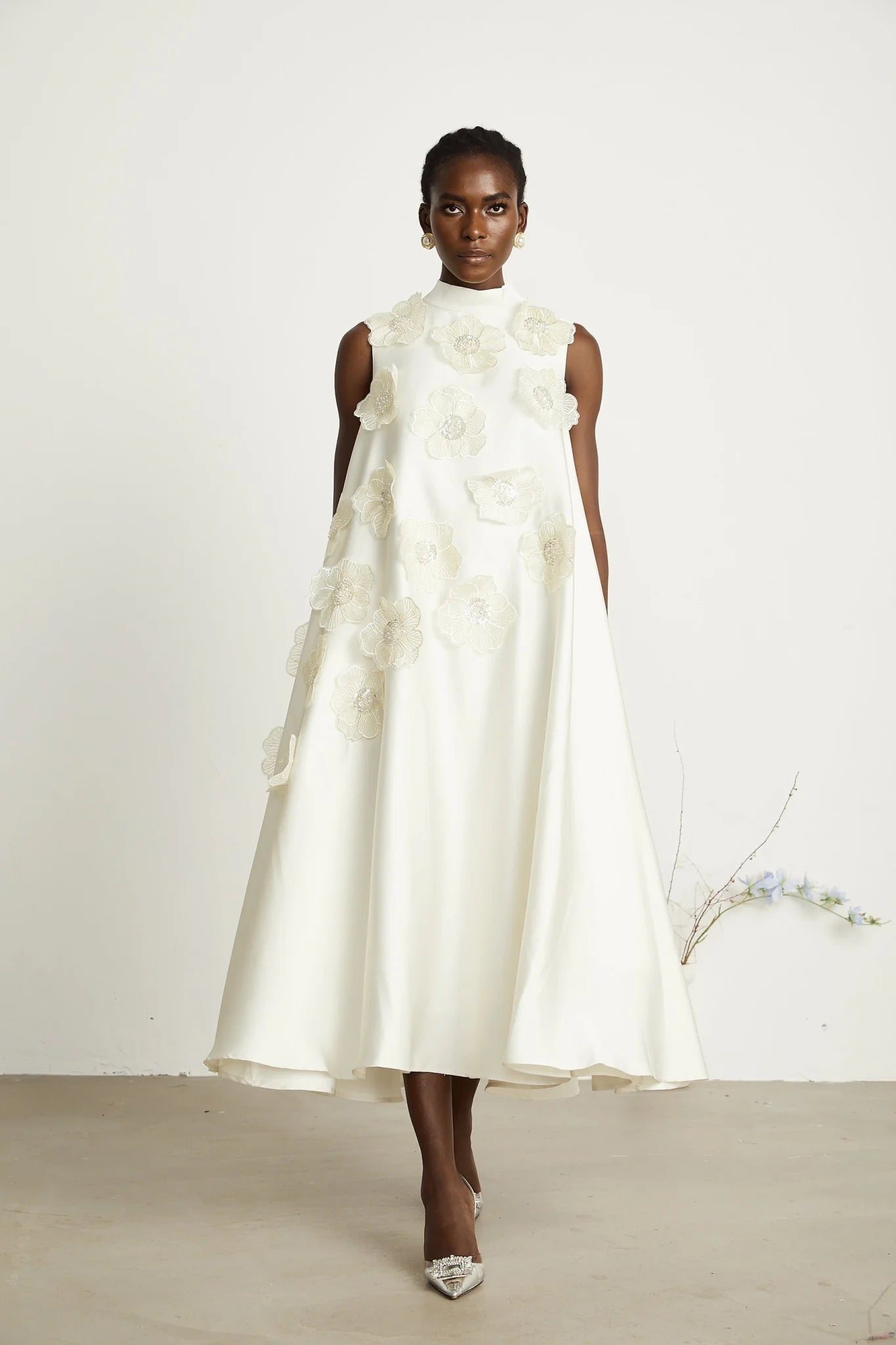 Zuri Floral Midi Dress Sleeveless Aline design with Beaded Appliqu in White