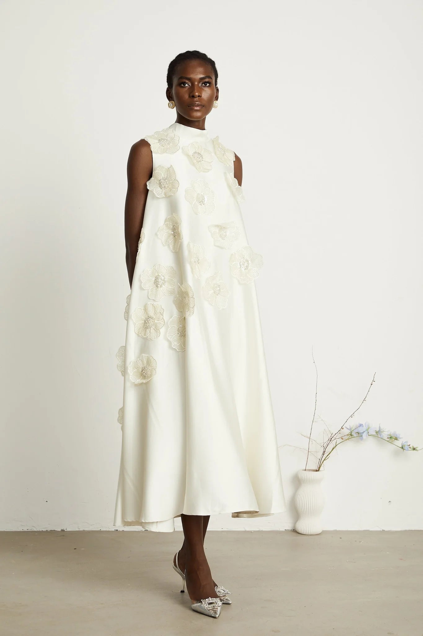 Zuri Floral Midi Dress Sleeveless Aline design with Beaded Appliqu in White