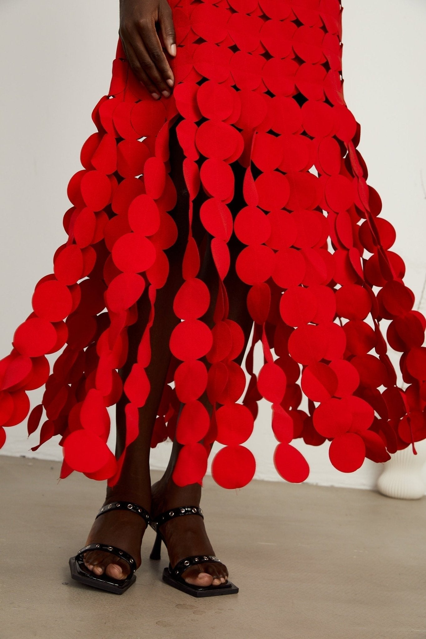 Zuri Maxi Dress in Vibrant Red with Fringed & Disc Overlay Design