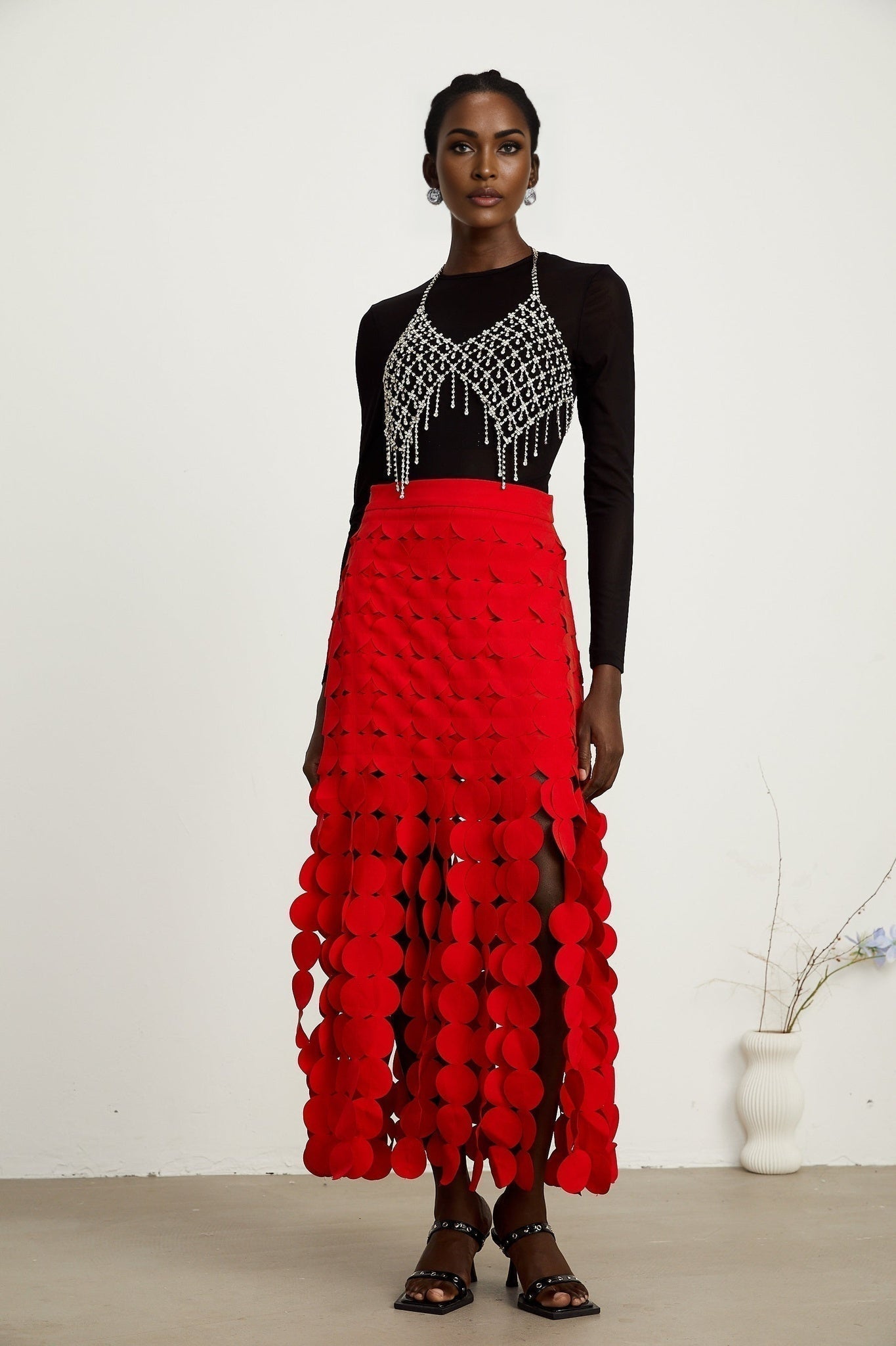 Zuri Maxi Dress in Vibrant Red with Fringed & Disc Overlay Design