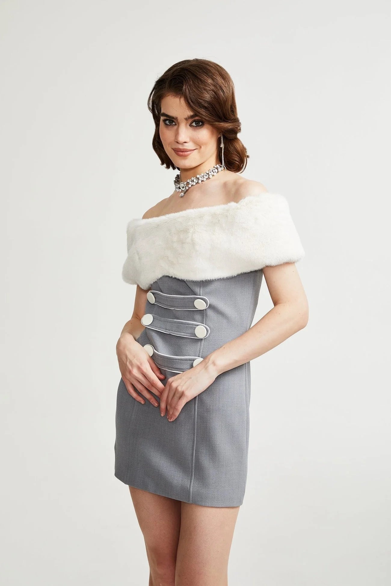 Zuri Mini Dress Grey with Faux Fur Shoulders