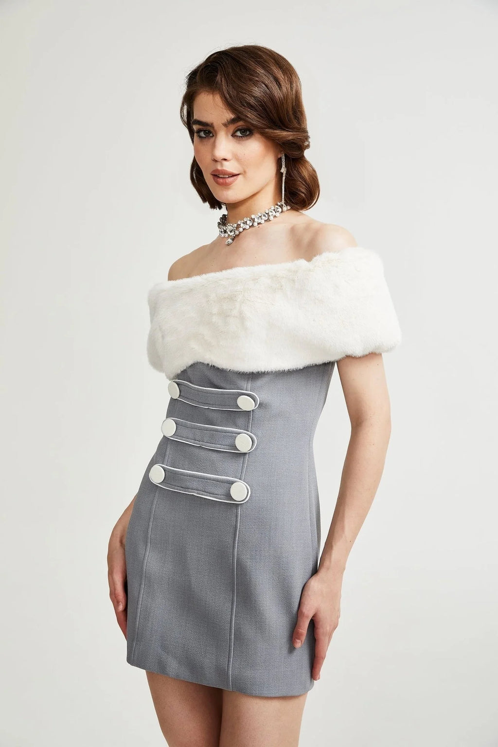 Zuri Mini Dress Grey with Faux Fur Shoulders