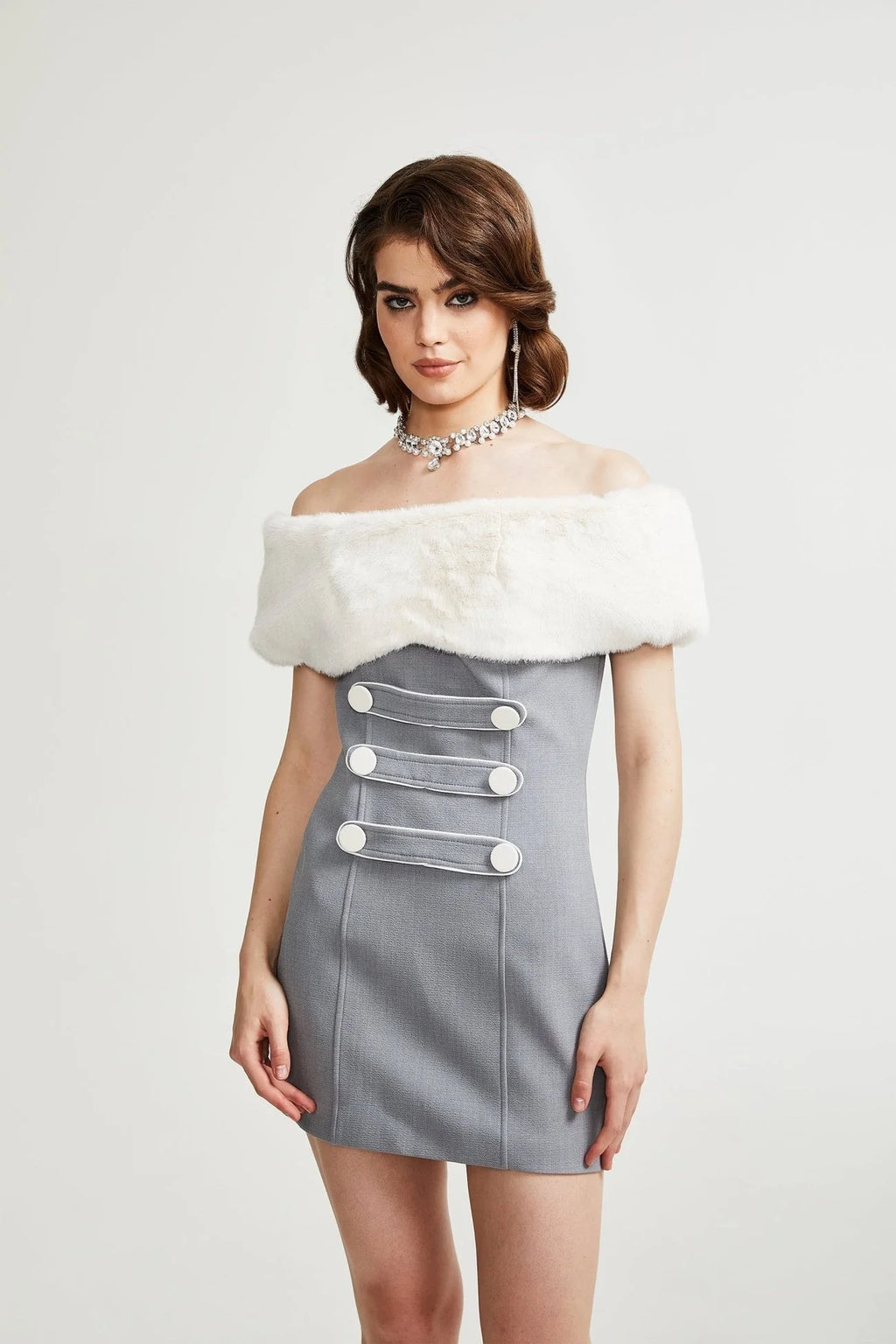 Zuri Mini Dress Grey with Faux Fur Shoulders