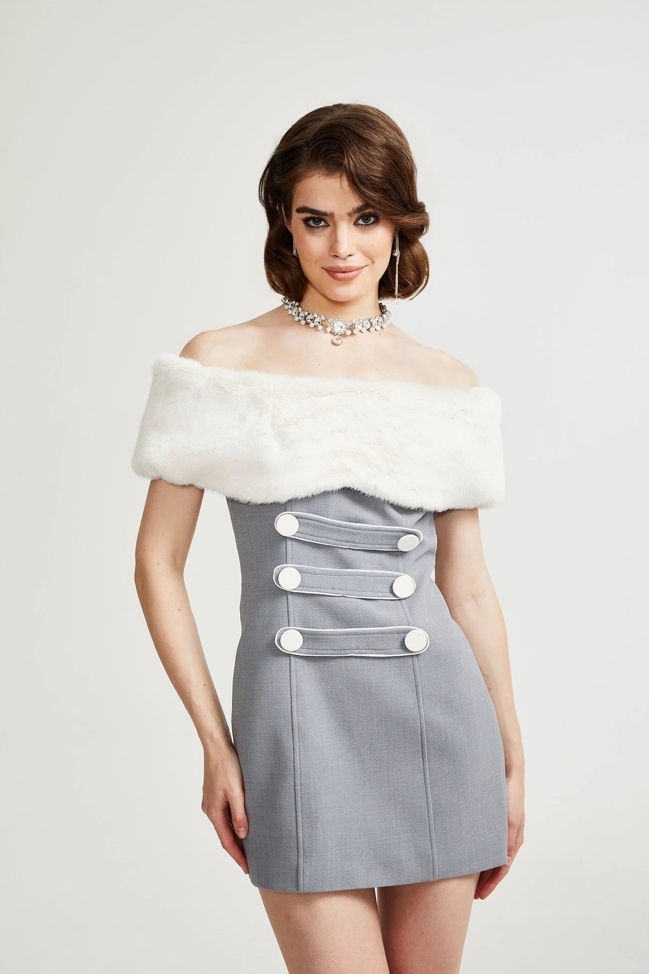 Zuri Mini Dress Grey with Faux Fur Shoulders