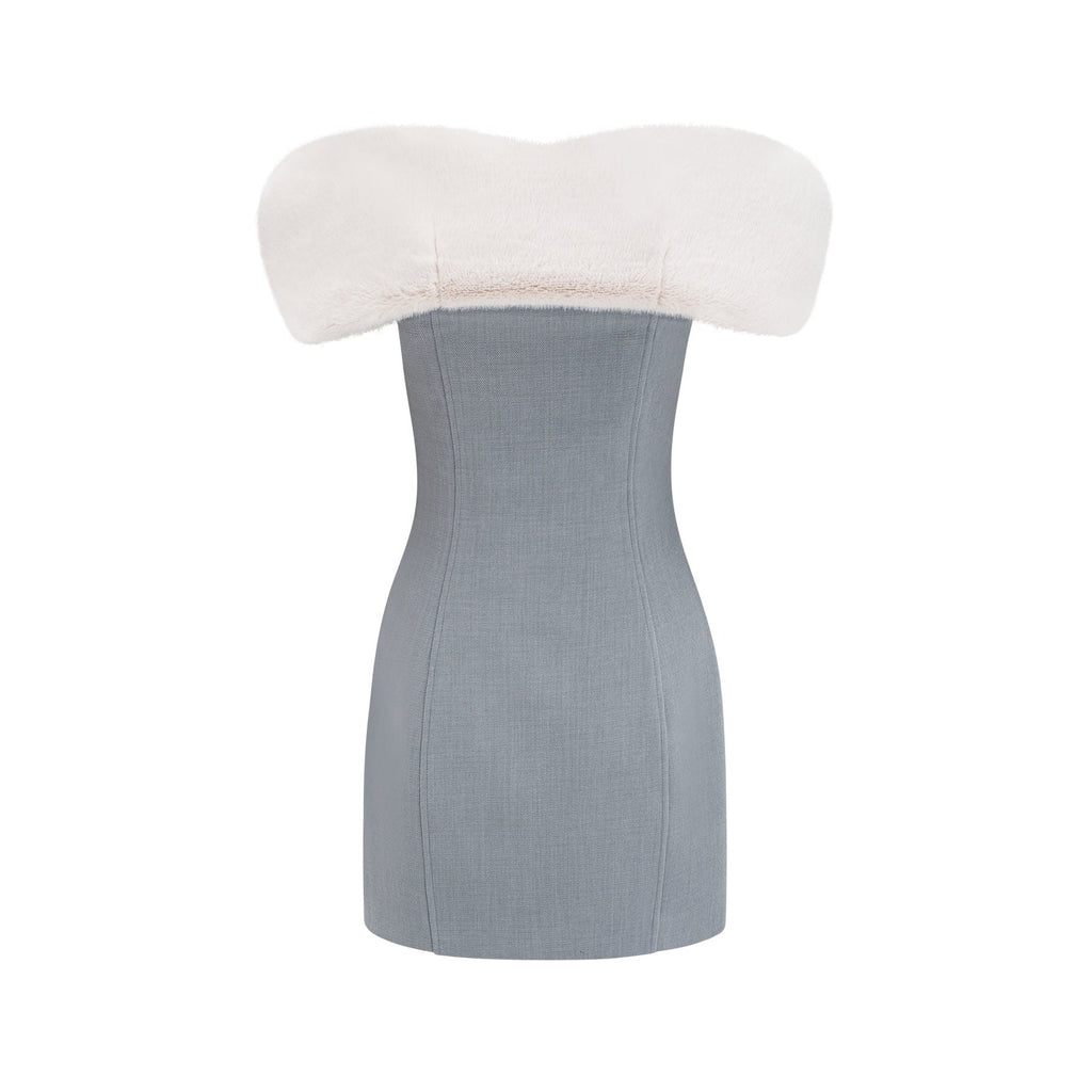 Zuri Mini Dress Grey with Faux Fur Shoulders