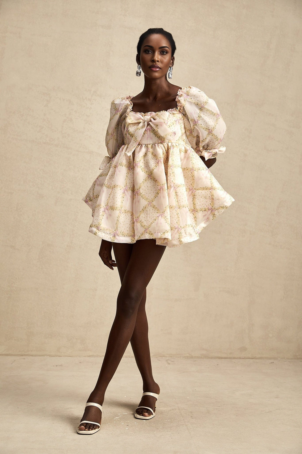 Zuri Mini Dress with Half Puff Sleeves Square Neck Bow Embellishment