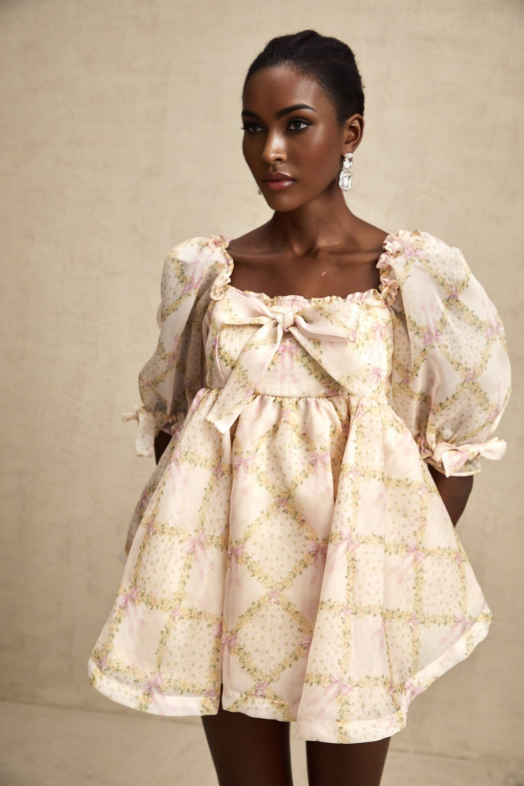 Zuri Mini Dress with Half Puff Sleeves Square Neck Bow Embellishment