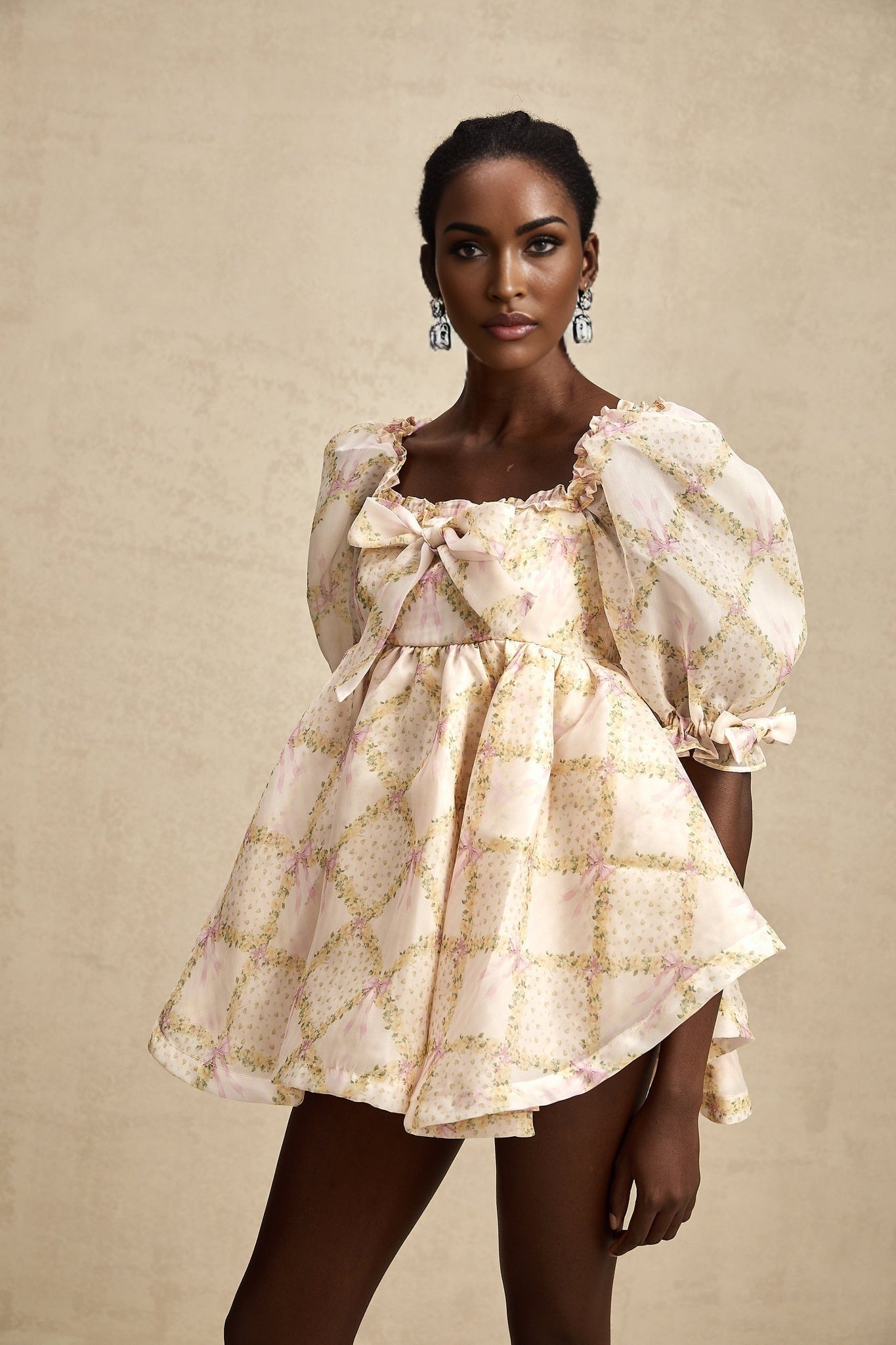 Zuri Mini Dress with Half Puff Sleeves Square Neck Bow Embellishment
