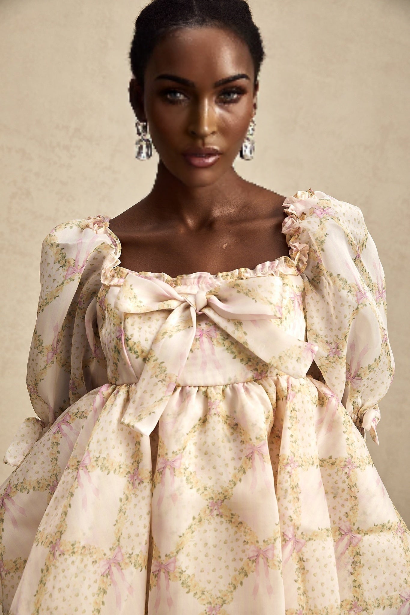 Zuri Mini Dress with Half Puff Sleeves Square Neck Bow Embellishment