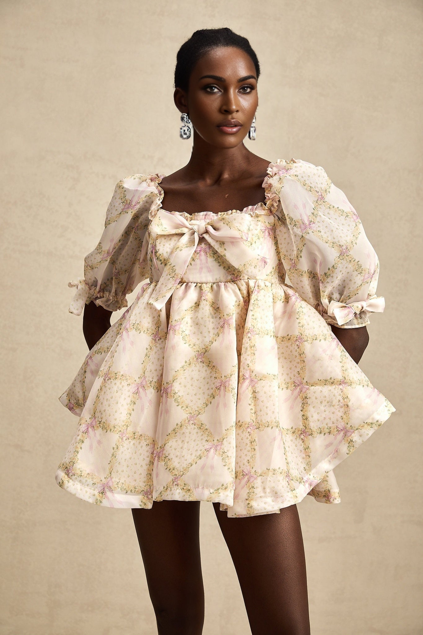 Zuri Mini Dress with Half Puff Sleeves Square Neck Bow Embellishment