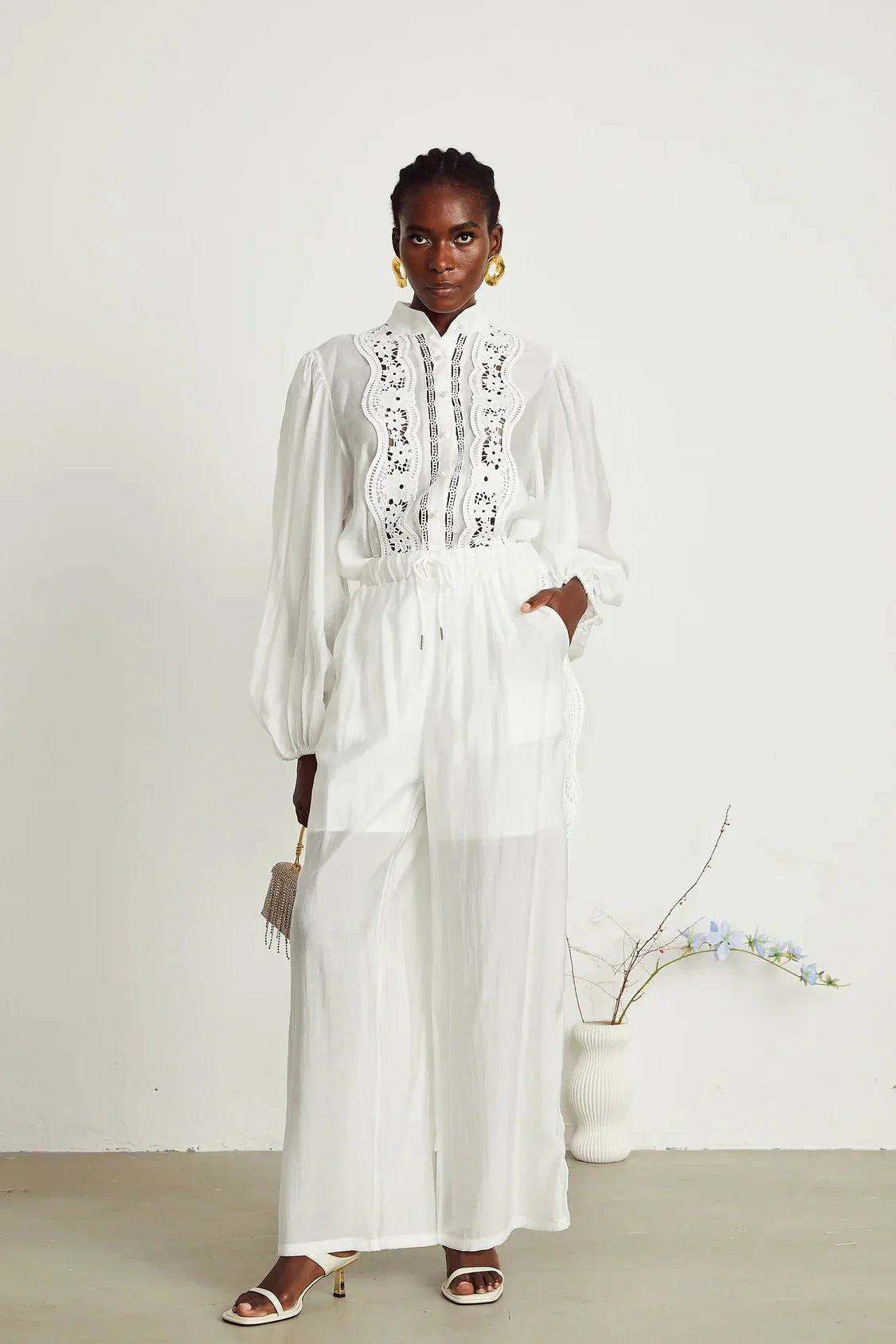 Zuri Shirt & Trousers White Lace Set